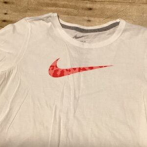 Nike White Tee with Red Patterned Swoosh